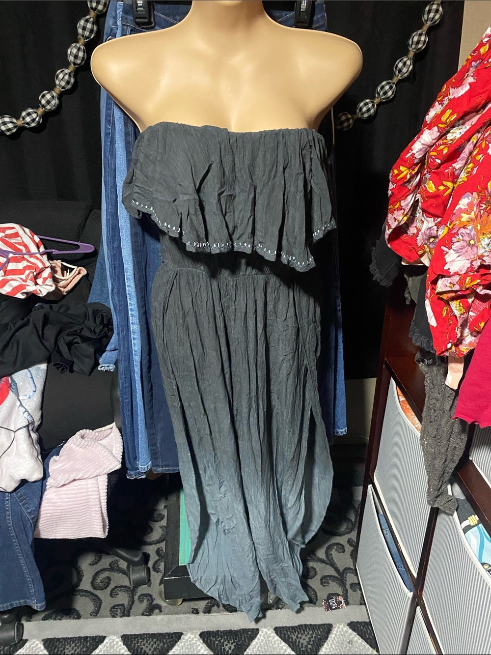 Strapless Ruffle Maxi Jumpsuit in Charcoal